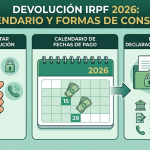 Escritorio de finanzas con calculadora, apuntes y texto explicativo sobre la devolución de IRPF 2026 en Uruguay.
