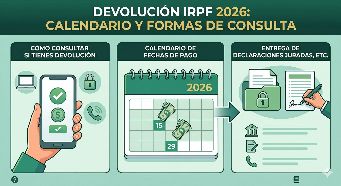 Escritorio de finanzas con calculadora, apuntes y texto explicativo sobre la devolución de IRPF 2026 en Uruguay.